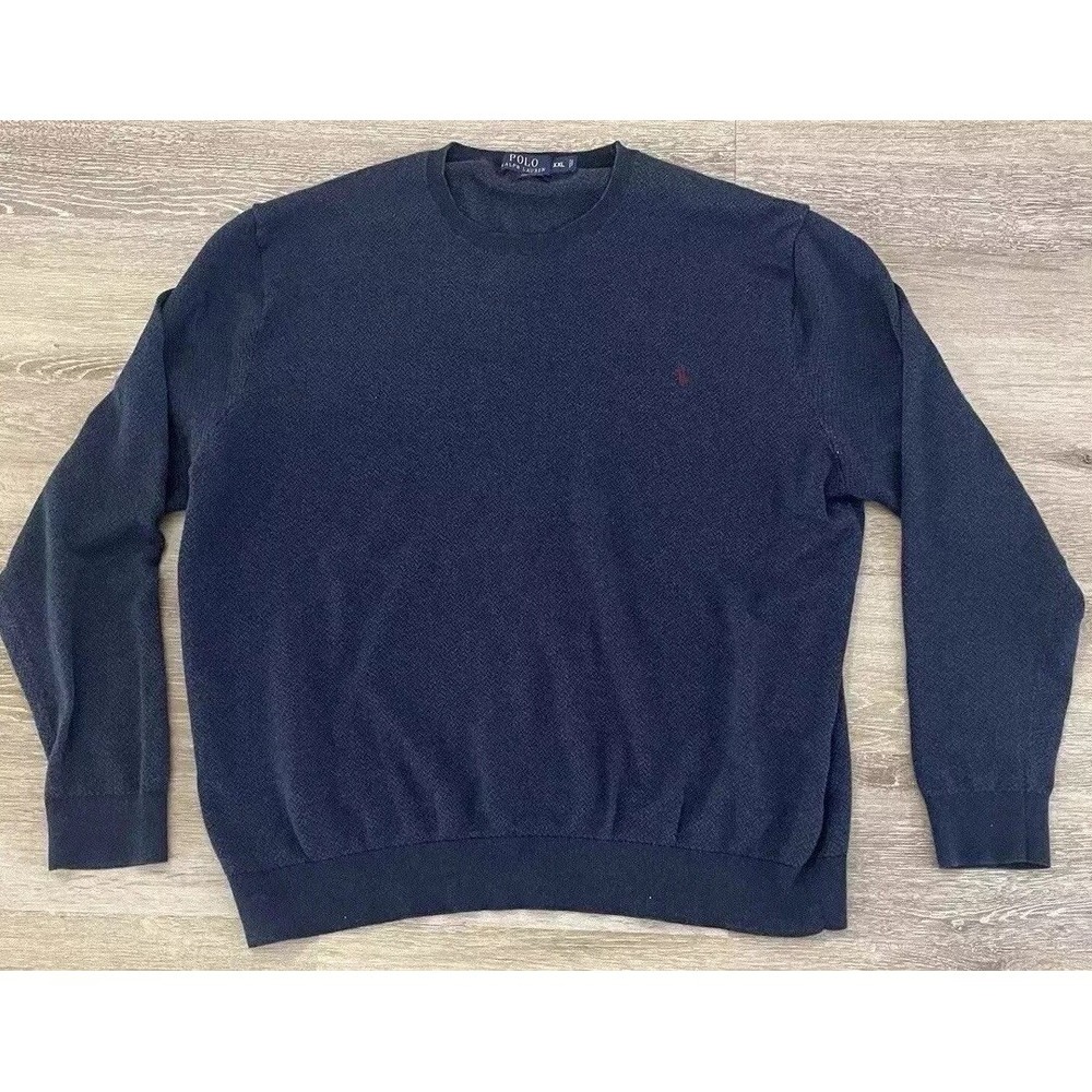 Polo Ralph Lauren Mens Sweater Extra Large 2XL Blue Knit Herringbone Long Sleeve